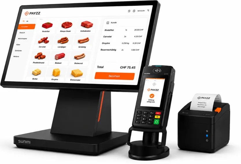 PayZZ Kassensystem für Metzgereien: Sunmi Kasse, Kartenterminal und Bon-Drucker
